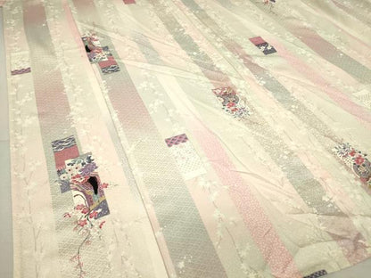 平和屋着物▽上質な小紋 単衣 御所車人物花文 銀彩 正絹 逸品 DAAV5612az