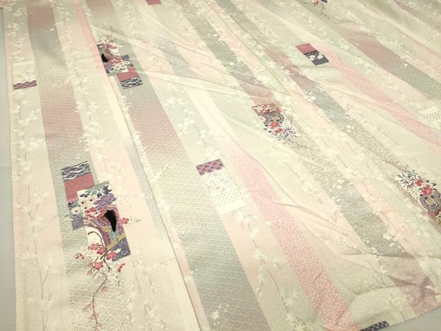 平和屋着物▽上質な小紋 単衣 御所車人物花文 銀彩 正絹 逸品 DAAV5612az