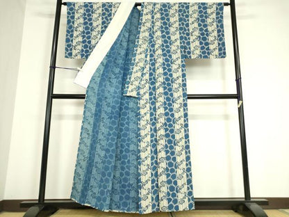 平和屋着物▽上質な小紋 単衣 藍 型絵染 亀甲松文 正絹 逸品 DAAV5622az