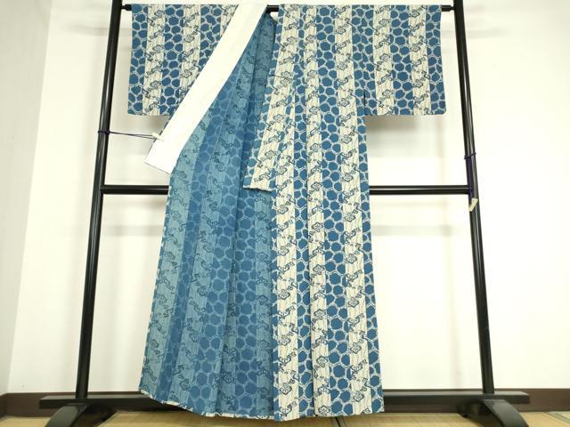 平和屋着物▽上質な小紋 単衣 藍 型絵染 亀甲松文 正絹 逸品 DAAV5622az