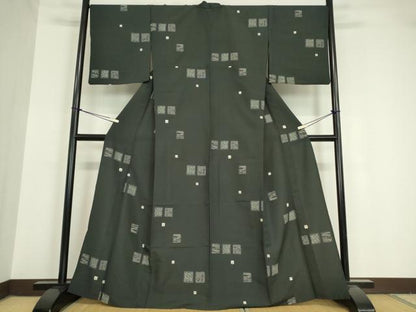 平和屋着物▽小紋 単衣 色紙花文 黒地 洗える着物 DAAV5638az