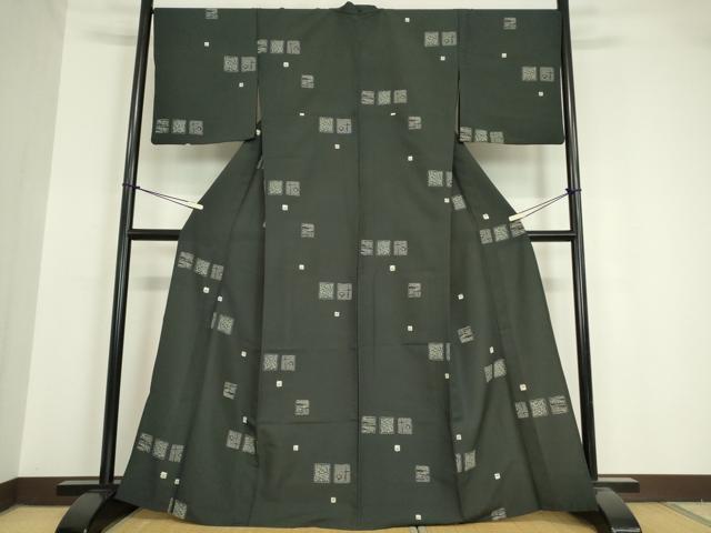 平和屋着物▽小紋 単衣 色紙花文 黒地 洗える着物 DAAV5638az