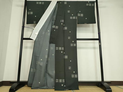 平和屋着物▽小紋 単衣 色紙花文 黒地 洗える着物 DAAV5638az
