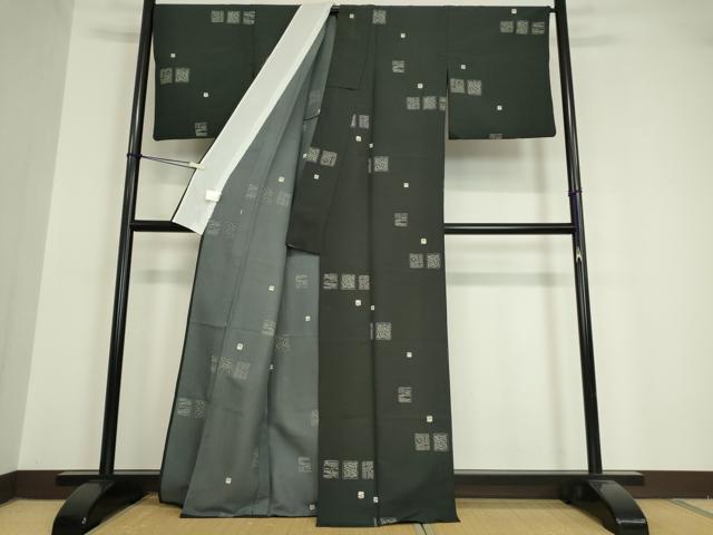 平和屋着物▽小紋 単衣 色紙花文 黒地 洗える着物 DAAV5638az