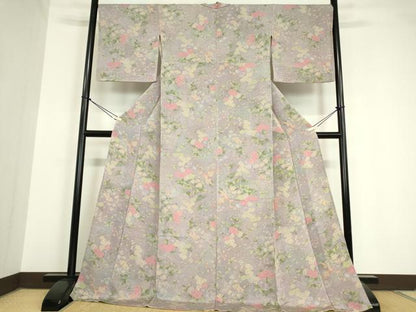 平和屋着物▽上質な小紋 単衣 草花文 鬼しぼ縮緬 正絹 逸品 DAAV5639az