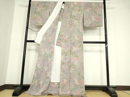 平和屋着物▽上質な小紋 単衣 草花文 鬼しぼ縮緬 正絹 逸品 DAAV5639az