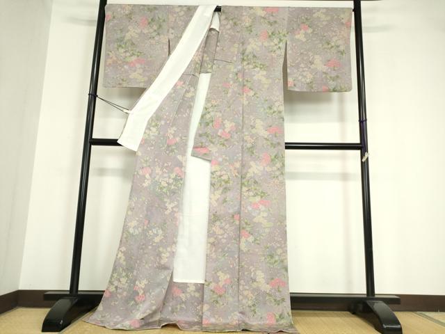 平和屋着物▽上質な小紋 単衣 草花文 鬼しぼ縮緬 正絹 逸品 DAAV5639az