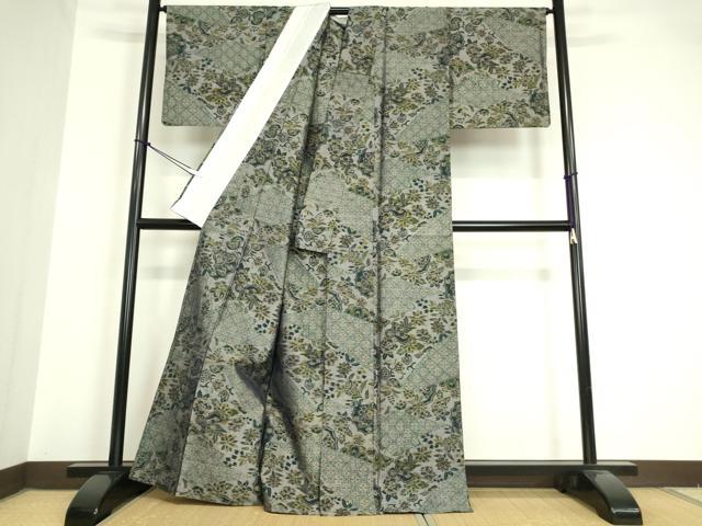 平和屋着物▽上質な紬 単衣 花切嵌め文様 正絹 逸品 DAAV5640az