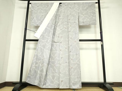 平和屋着物▽白山紬 単衣 型染め 草花文 正絹 逸品 未使用 DAAV5646az