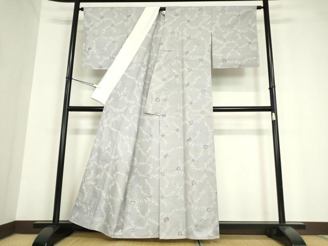 平和屋着物▽白山紬 単衣 型染め 草花文 正絹 逸品 未使用 DAAV5646az