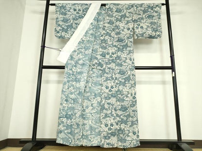 平和屋着物▽上質な小紋　単衣　流水花文　藍　型染　鬼しぼ縮緬　正絹　逸品　DAAV5649az