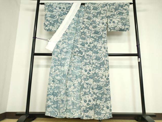 平和屋着物▽上質な小紋　単衣　流水花文　藍　型染　鬼しぼ縮緬　正絹　逸品　DAAV5649az