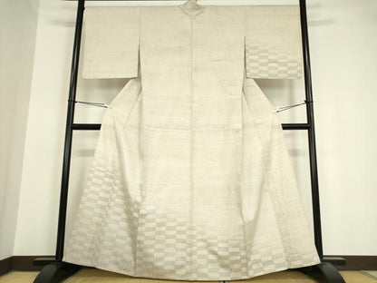 平和屋着物▽訪問着　単衣　紬地　市松絣文　正絹　逸品　DAAV5655az