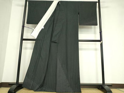 平和屋着物▽本塩沢 訪問着 単衣 斜線文 黒地 正絹 逸品 DAAV5656az