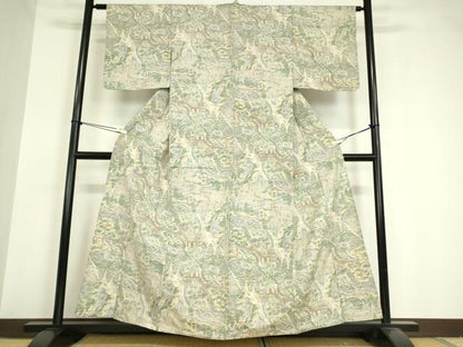 平和屋着物▽小千谷紬 単衣 風景樹林文 100亀甲 正絹 逸品 DAAV5661az