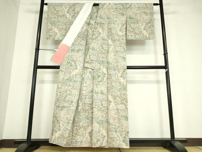 平和屋着物▽小千谷紬 単衣 風景樹林文 100亀甲 正絹 逸品 DAAV5661az