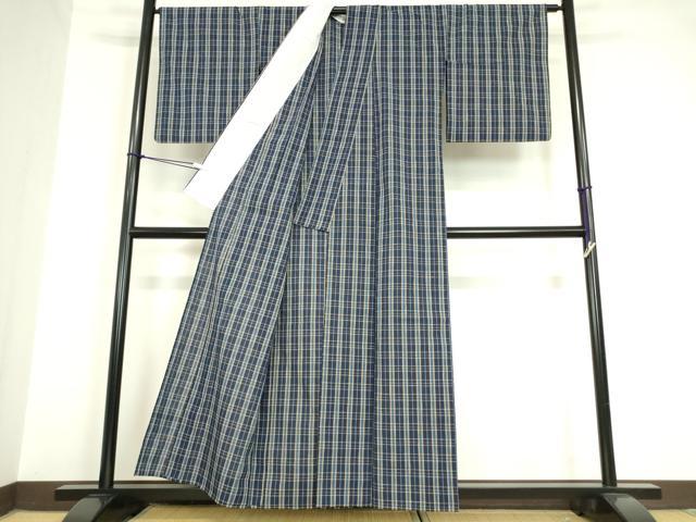 平和屋着物▽上質な紬 単衣 格子 正絹 逸品 DAAV5668az
