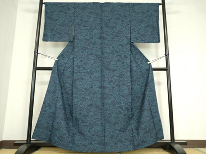平和屋着物▽上質な小紋 紬地 単衣 藍 型染め 風景花文 正絹 逸品 DAAV5671az