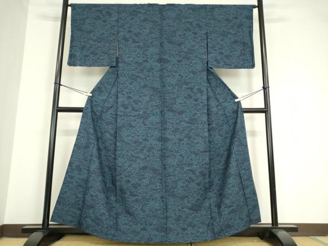 平和屋着物▽上質な小紋 紬地 単衣 藍 型染め 風景花文 正絹 逸品 DAAV5671az