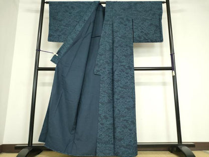 平和屋着物▽上質な小紋 紬地 単衣 藍 型染め 風景花文 正絹 逸品 DAAV5671az