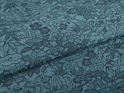 平和屋着物▽上質な小紋 紬地 単衣 藍 型染め 風景花文 正絹 逸品 DAAV5671az