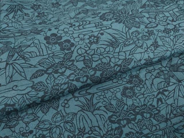 平和屋着物▽上質な小紋 紬地 単衣 藍 型染め 風景花文 正絹 逸品 DAAV5671az
