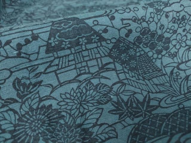 平和屋着物▽上質な小紋 紬地 単衣 藍 型染め 風景花文 正絹 逸品 DAAV5671az