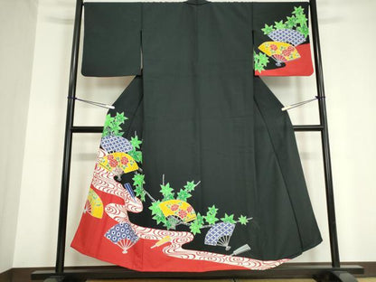 平和屋着物▽訪問着 単衣 扇面花文 黒地 洗える着物 DAAV5691az