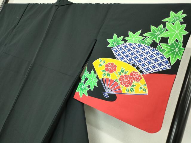 平和屋着物▽訪問着 単衣 扇面花文 黒地 洗える着物 DAAV5691az