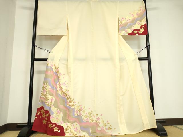 平和屋着物▽訪問着 単衣 舞桜文 金彩 洗える着物 DAAV5693az