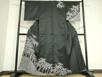 平和屋着物▽訪問着 単衣 笹竹文 黒地 洗える着物 DAAV5694az