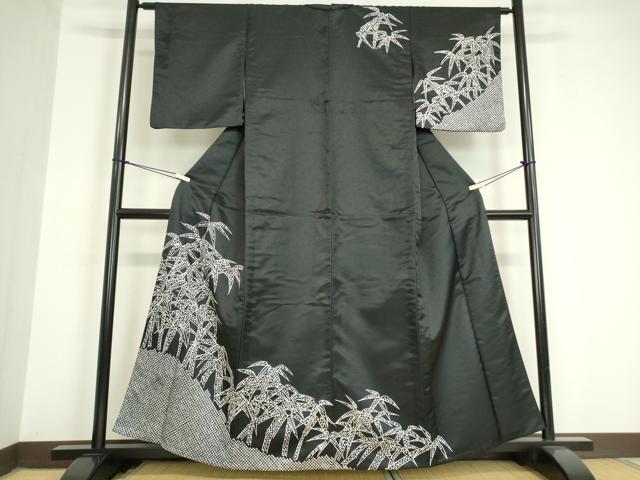 平和屋着物▽訪問着 単衣 笹竹文 黒地 洗える着物 DAAV5694az