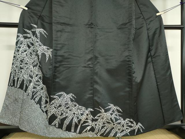 平和屋着物▽訪問着 単衣 笹竹文 黒地 洗える着物 DAAV5694az