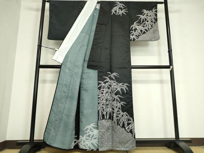 平和屋着物▽訪問着 単衣 笹竹文 黒地 洗える着物 DAAV5694az