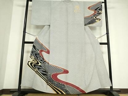 平和屋着物▽訪問着　単衣　流水鹿の子文　金彩　洗える着物　DAAV5697az