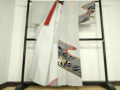 平和屋着物▽訪問着　単衣　流水鹿の子文　金彩　洗える着物　DAAV5697az