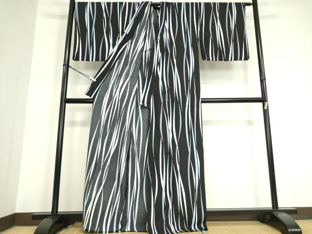 平和屋着物▽小紋 単衣 紅梅織 変わり縞 黒地 洗える着物 DAAV5700az