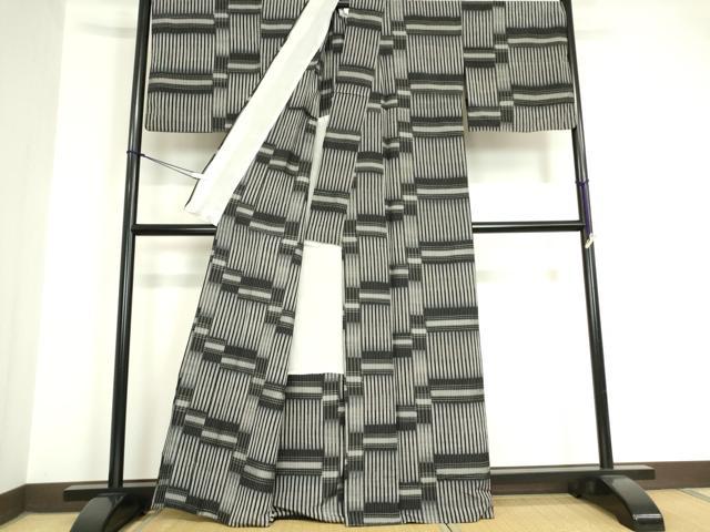 平和屋着物▽上質な紬 単衣 変わり格子 黒地 正絹 逸品 DAAV5724az