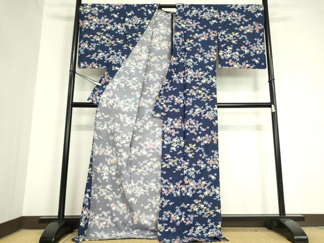 平和屋着物▽小紋　単衣　草花文　洗える着物　未使用　DAAV5739az