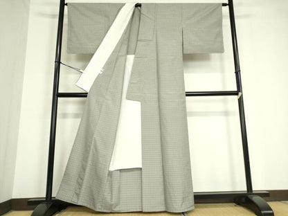 平和屋着物▽上質な紬　単衣　格子　正絹　逸品　DAAV5743az