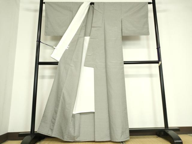 平和屋着物▽上質な紬　単衣　格子　正絹　逸品　DAAV5743az