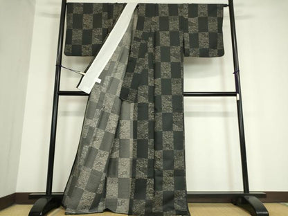 平和屋着物▽小紋 単衣 市松風景花文 黒地 洗える着物 DAAV5752az