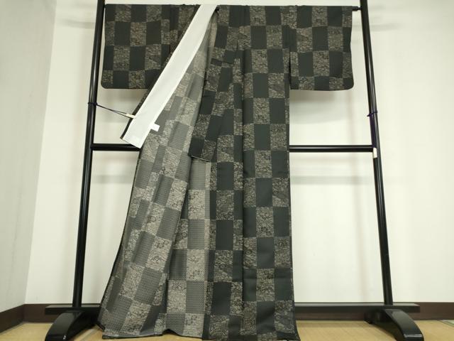 平和屋着物▽小紋 単衣 市松風景花文 黒地 洗える着物 DAAV5752az