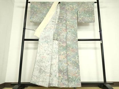 平和屋着物▽上質な小紋 単衣 更紗花鳥文 鬼しぼ縮緬 正絹 逸品 DAAV5759az