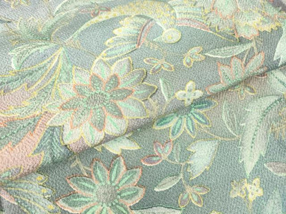 平和屋着物▽上質な小紋 単衣 更紗花鳥文 鬼しぼ縮緬 正絹 逸品 DAAV5759az