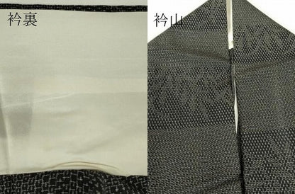 平和屋着物▽本塩沢 単衣 市松草葉文 黒地 110亀甲 正絹 逸品 DAAV5800az