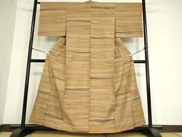 平和屋着物▽上質な紬　単衣　横段文　正絹　逸品　DAAV5813az