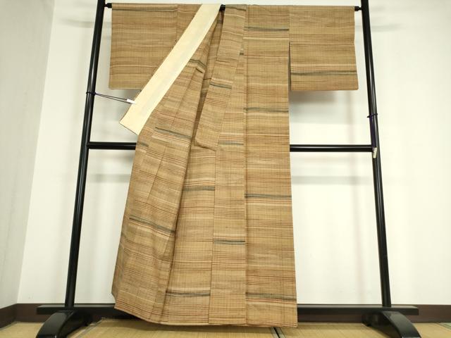 平和屋着物▽上質な紬　単衣　横段文　正絹　逸品　DAAV5813az