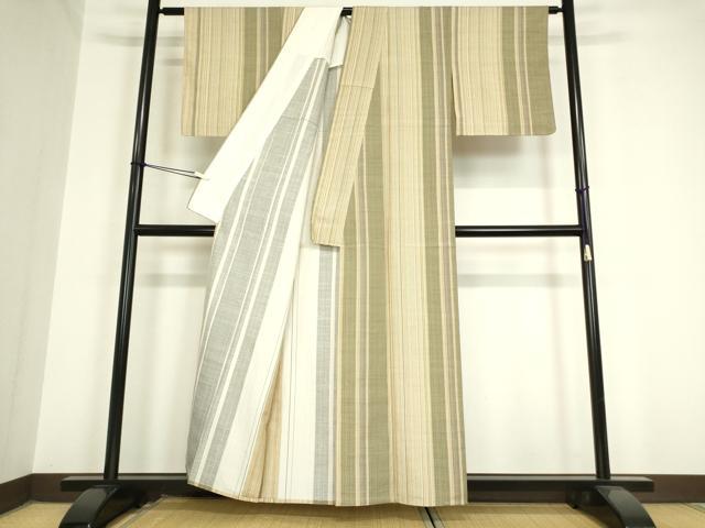 平和屋着物▽上質な紬 単衣 白糸の滝 毛万極譜立割小紋 縞 反端付き 正絹 逸品 DAAV5827az