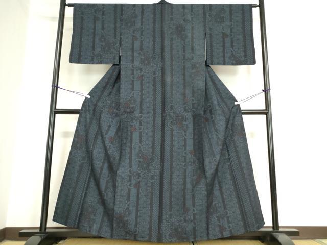 平和屋着物▽結城紬　単衣　花唐草文　100亀甲　正絹　逸品　DAAV5832az